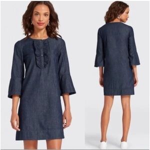 Draper James Womens 3/4 Sleeve Ruffled Chambray Denim Dress Blue Size 8 Cotton